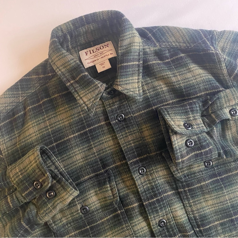 Filson Vintage Flannel Work Shirt Men XS Plaid Thick Brushed Twill Button Up